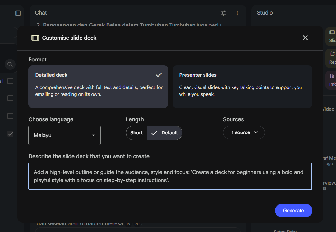 Customise slide deck dialog in Gemini Notebook with format, language, length and style instruction fields