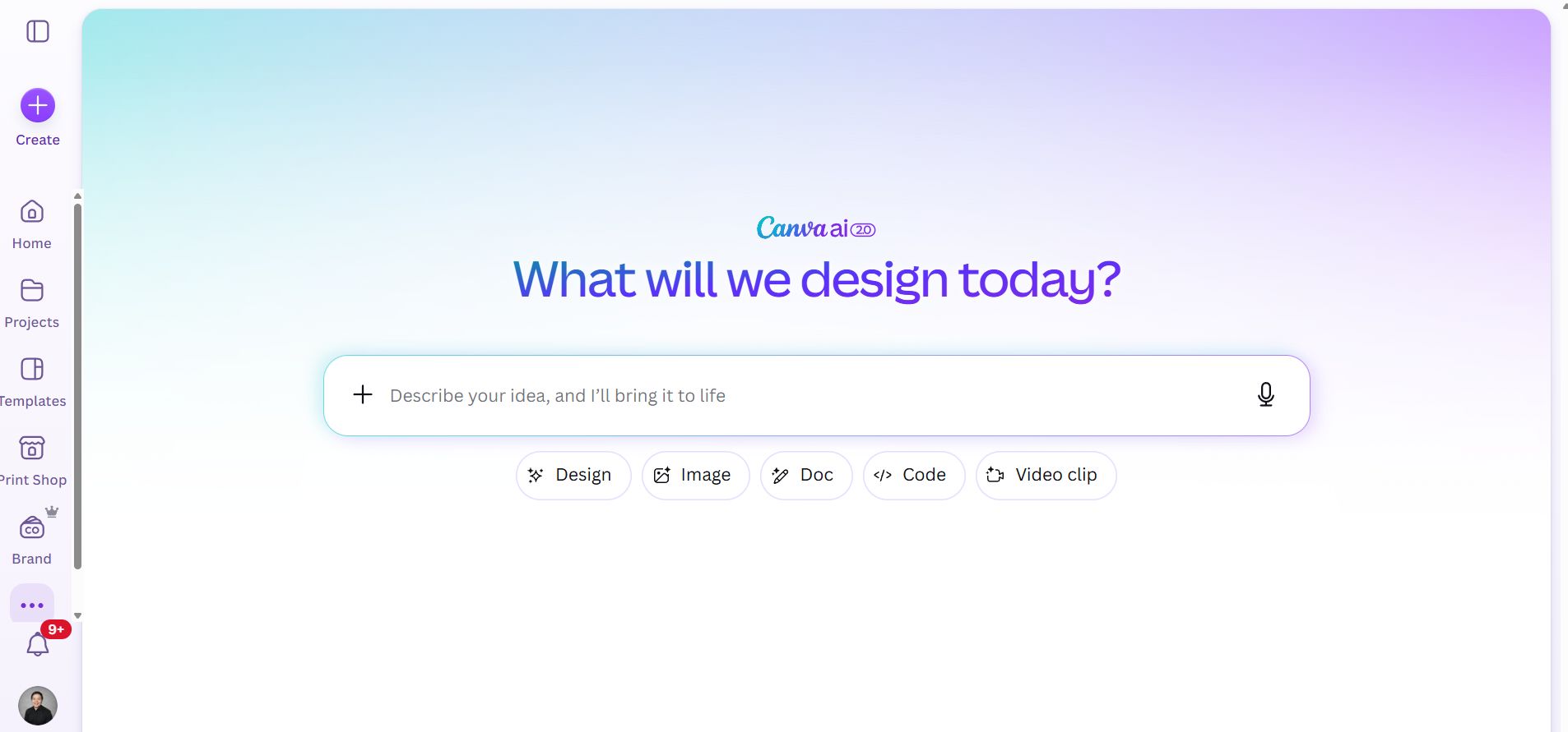 Canva AI home screen with options for Design, Image, Doc, Code and Video clip