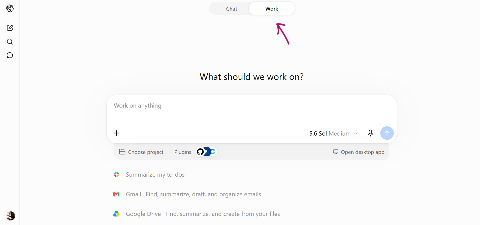 ChatGPT with the Work tab selected, showing a project picker, plugins and connected apps such as Gmail and Google Drive
