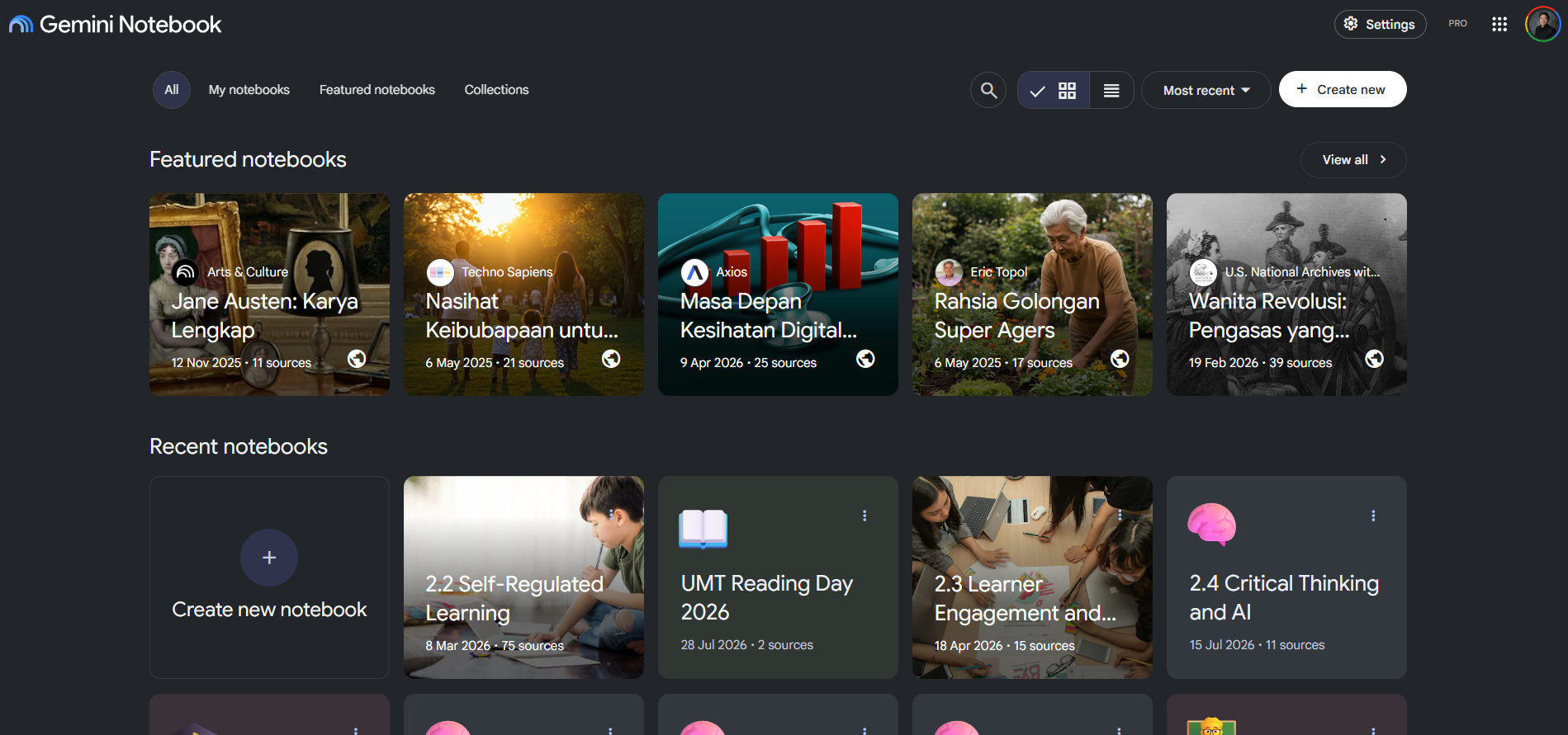 Gemini Notebook interface showing featured notebooks and recent notebooks