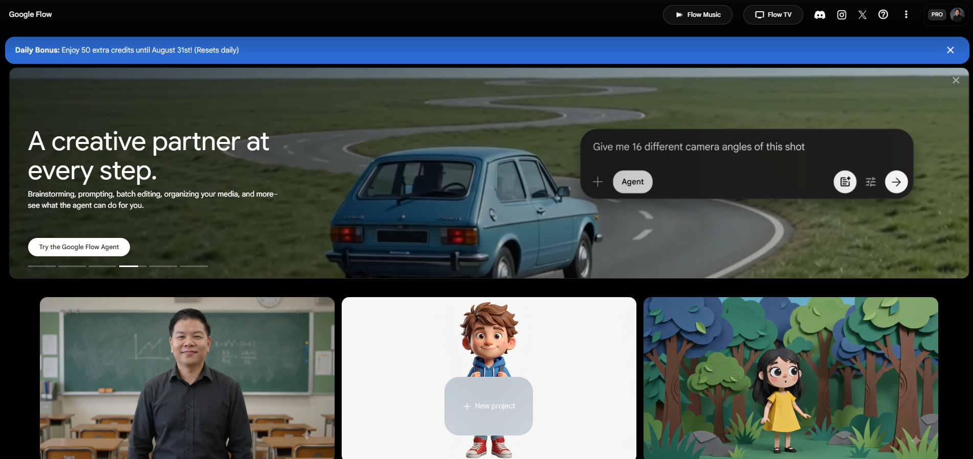 Google Flow interface showing a creative project with an AI agent prompt panel