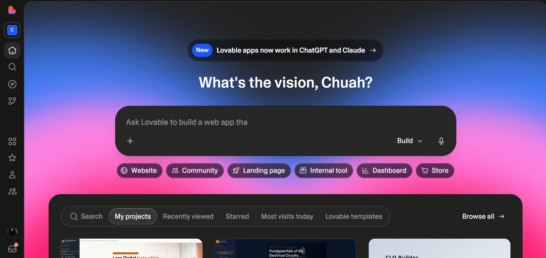 Lovable home screen showing project options and the prompt input field