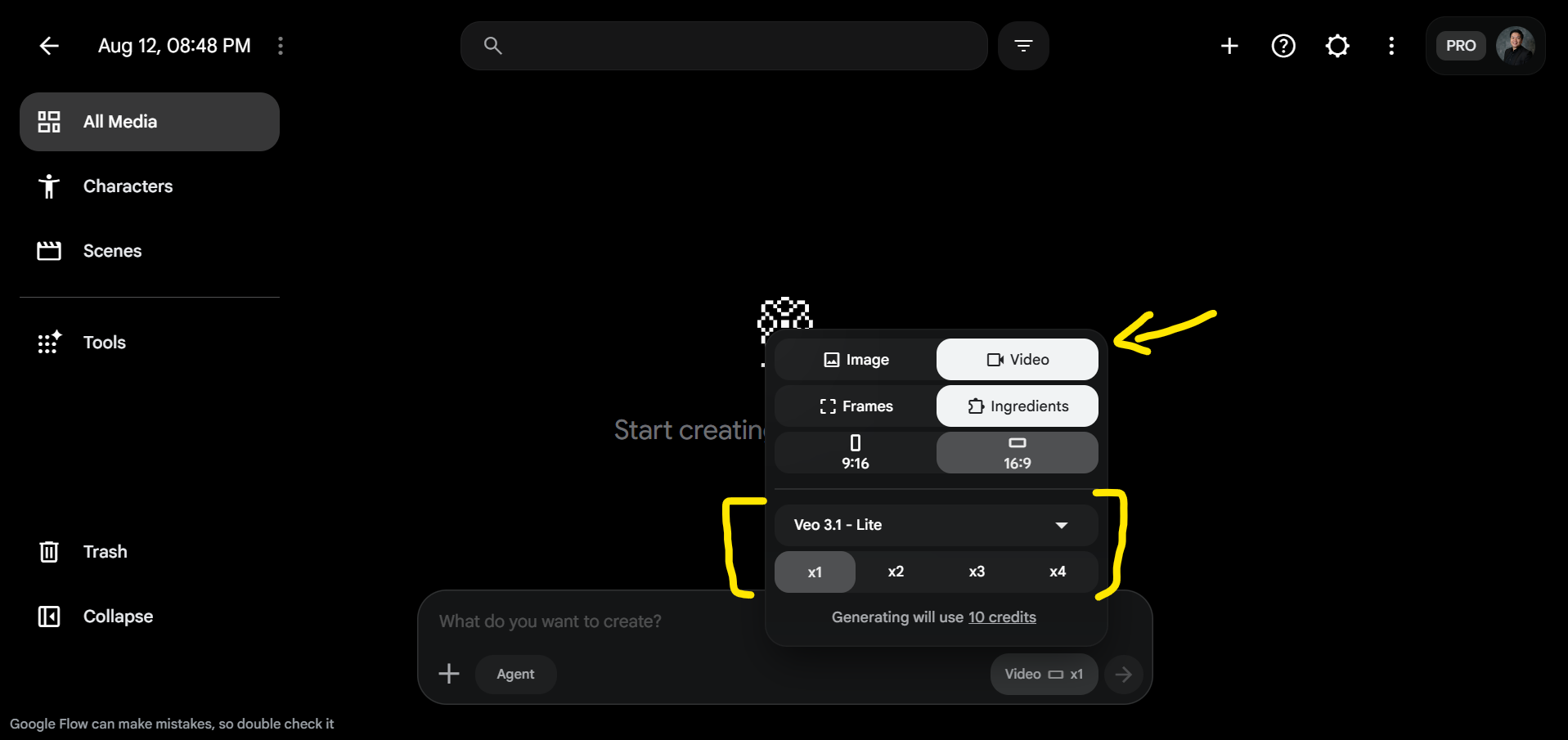 Google Flow generation panel with Video selected, Frames and Ingredients modes, aspect ratio and the Veo model