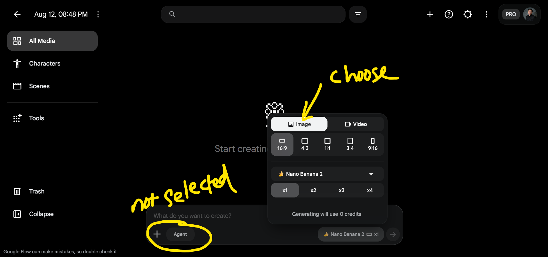 Google Flow generation panel with Image selected, aspect ratio options and the Nano Banana 2 model